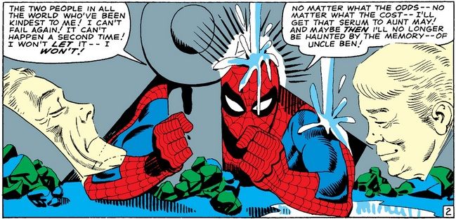 Spider-Man, trapped under metal, resolves to get free to save Aunt May and make up for letting Uncle Ben die.