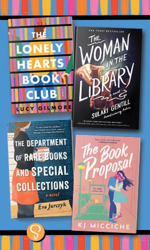 Collage of book cover consisting of: The Lonely Hearts Book Club by Lucy Gilmore, The Woman in the Library by Sulari Gentill, The Department of Rare Books and Special Collections by Eva Jurczyk, The Book Proposal by KJ Micciche