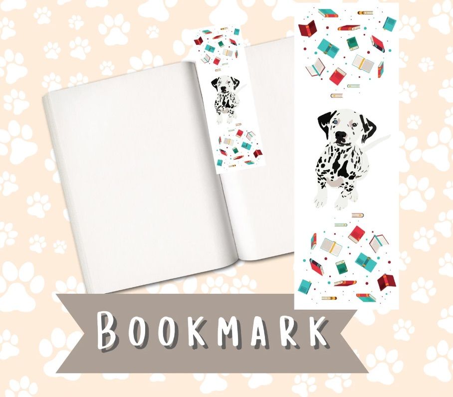 Image of a bookmark featuring colorful books and a Dalmatian. 