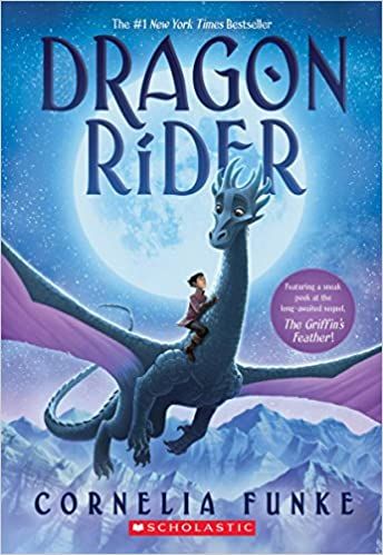cover of Dragon Rider by Cornelia Funke; illustration of a young boy riding a blue dragon in the sky
