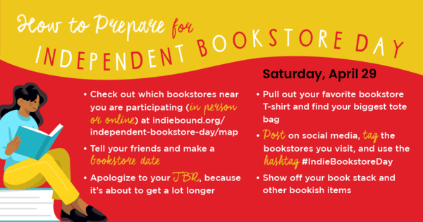 Graphic advertising Independent Bookstore Day 2023 on April 29 with tips to check with local bookstores about events