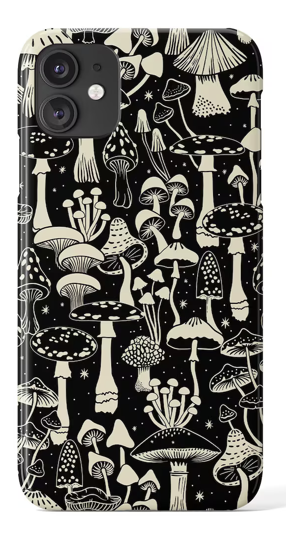black and beige graphic illustration of mushrooms phone case