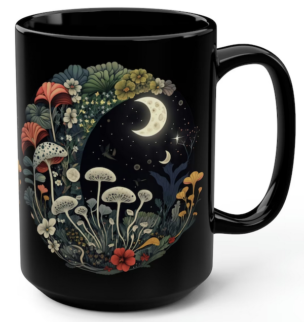 black coffee mug with illustration of a forest with mushrooms and a crescent moon