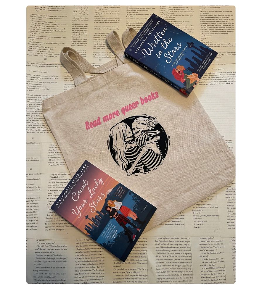 Image of a canvas tote featuring 2 female-appearing skeletons kissing. In pink text it says "read more queer books."