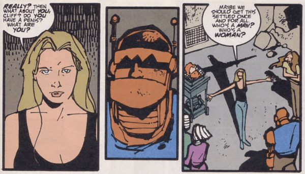 Three panels from Doom Patrol #76.

Panel 1: A closeup of Kate.

Kate: Really? Then what about you, Cliff? Do you have a penis? What are you?

Panel 2: A closeup of Cliff, who doesn't respond.

Panel 3: Kate spreads her arms, gesturing to the whole team.

Kate: Maybe we should get this settled once and for all. Who's a man? Who's a woman?