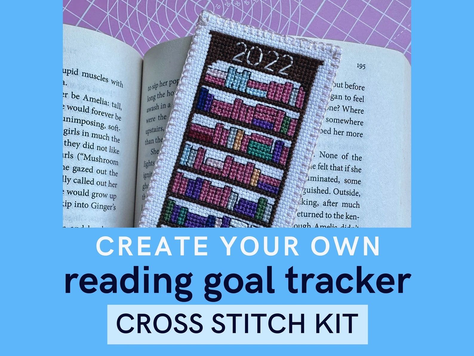 kit for a cross stitch bookshelf reading tracker