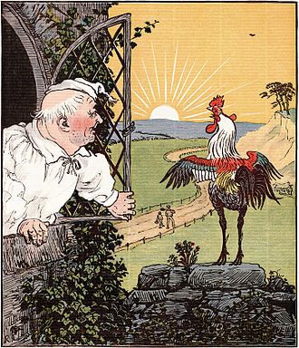 An illustration of a man looking out a window at a chicken from "This is the House that Jack Built" by Randolph Caldecott