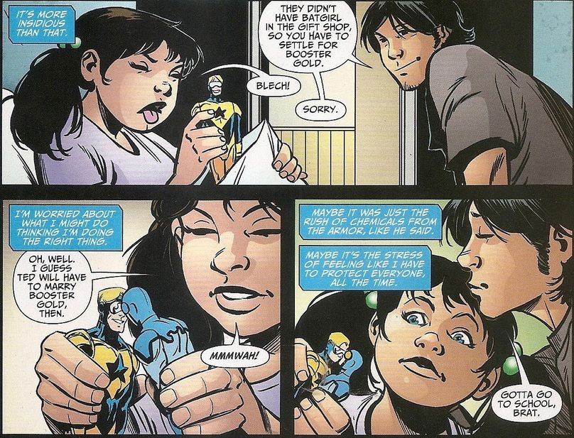 Jaime gifts Milagro a Booster Gold action figure. Disgusted at first, she soon happily has the Booster doll kiss her Blue Beetle/Ted Kord doll.