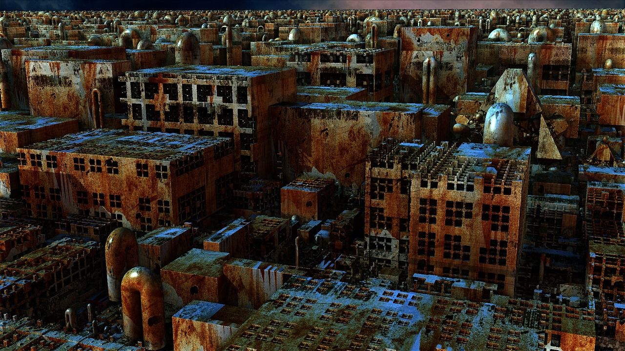A picture of a vast cityscape, which seems to be made up of warehouses and other industrial buildings. It looks abandoned, and is covered in rust and dirt.