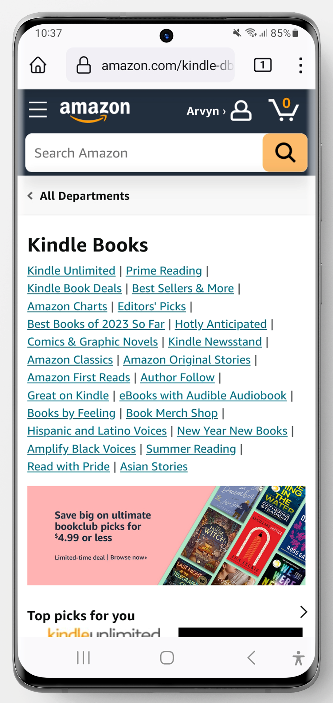 Amazon Kindle Store Home Page on Android