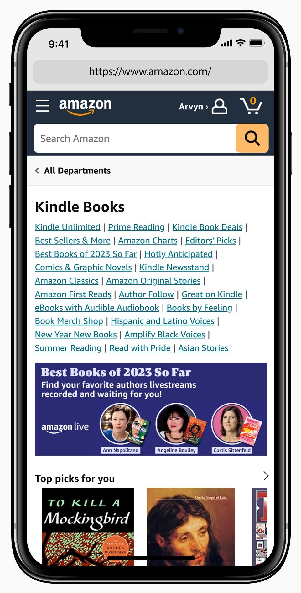 Amazon Kindle Store Home Page on an iPhone