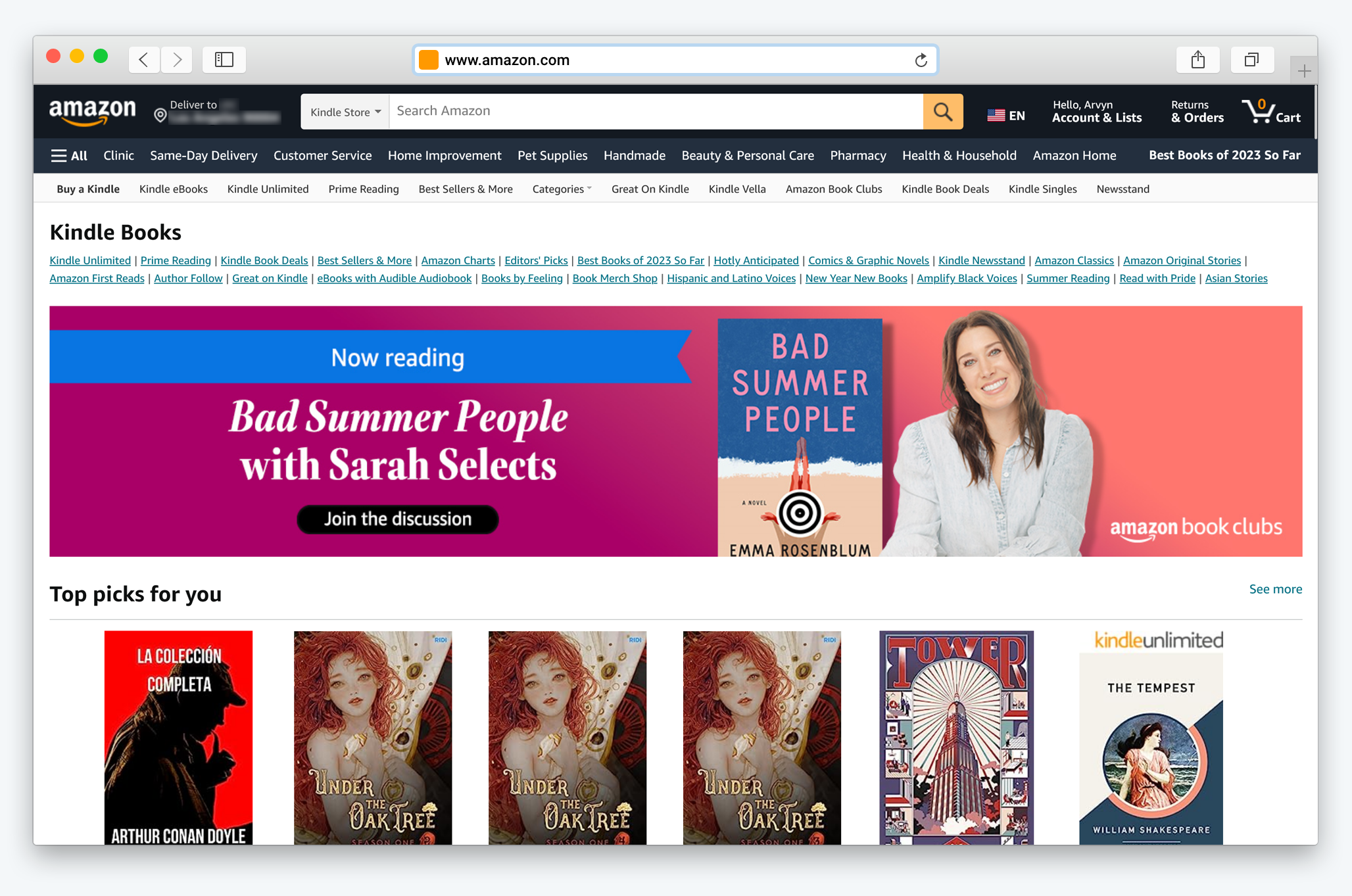 Screenshot of Amazon Kindle Store Home Page