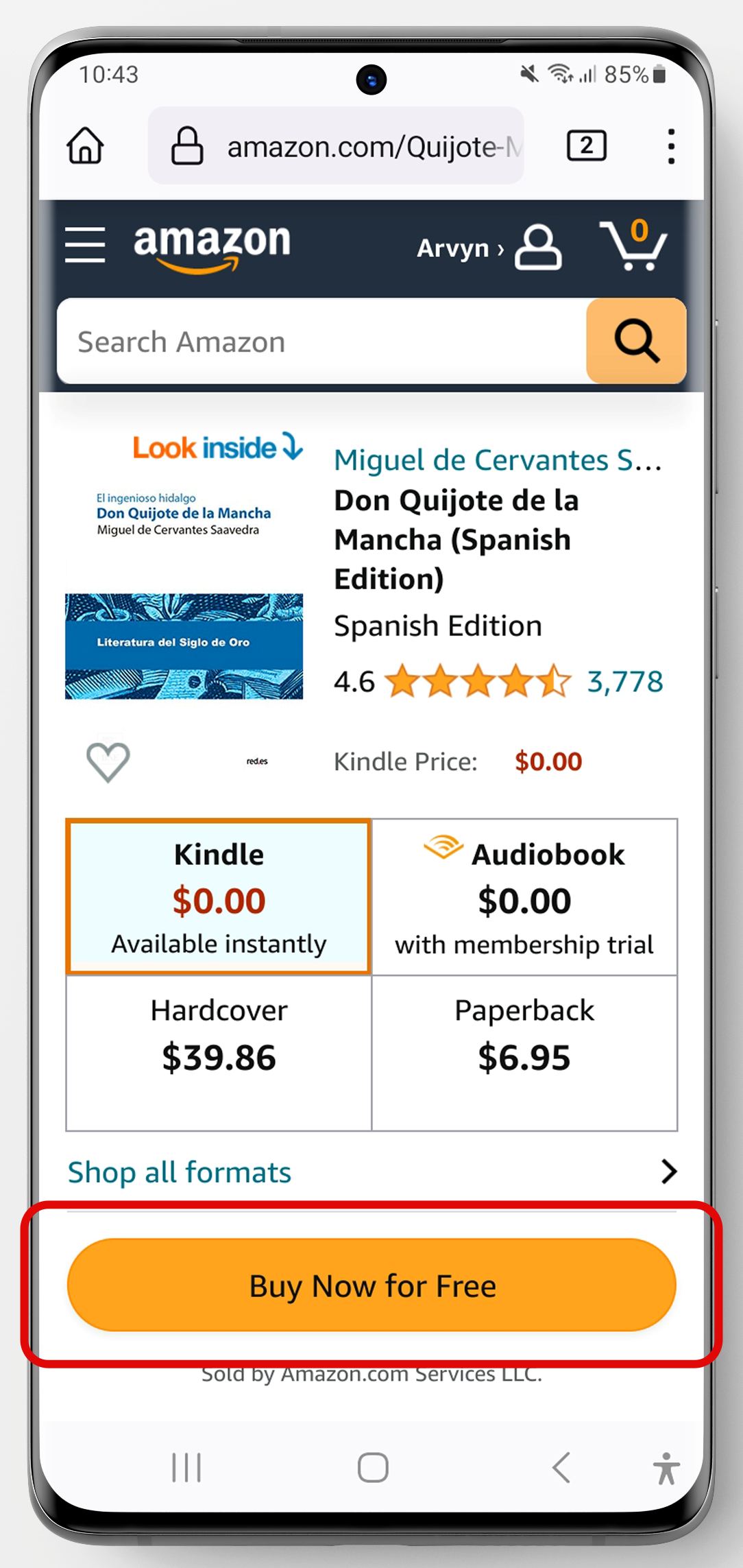 Amazon Kindle Store Product Listing for Don Quijote in Spanish on Android