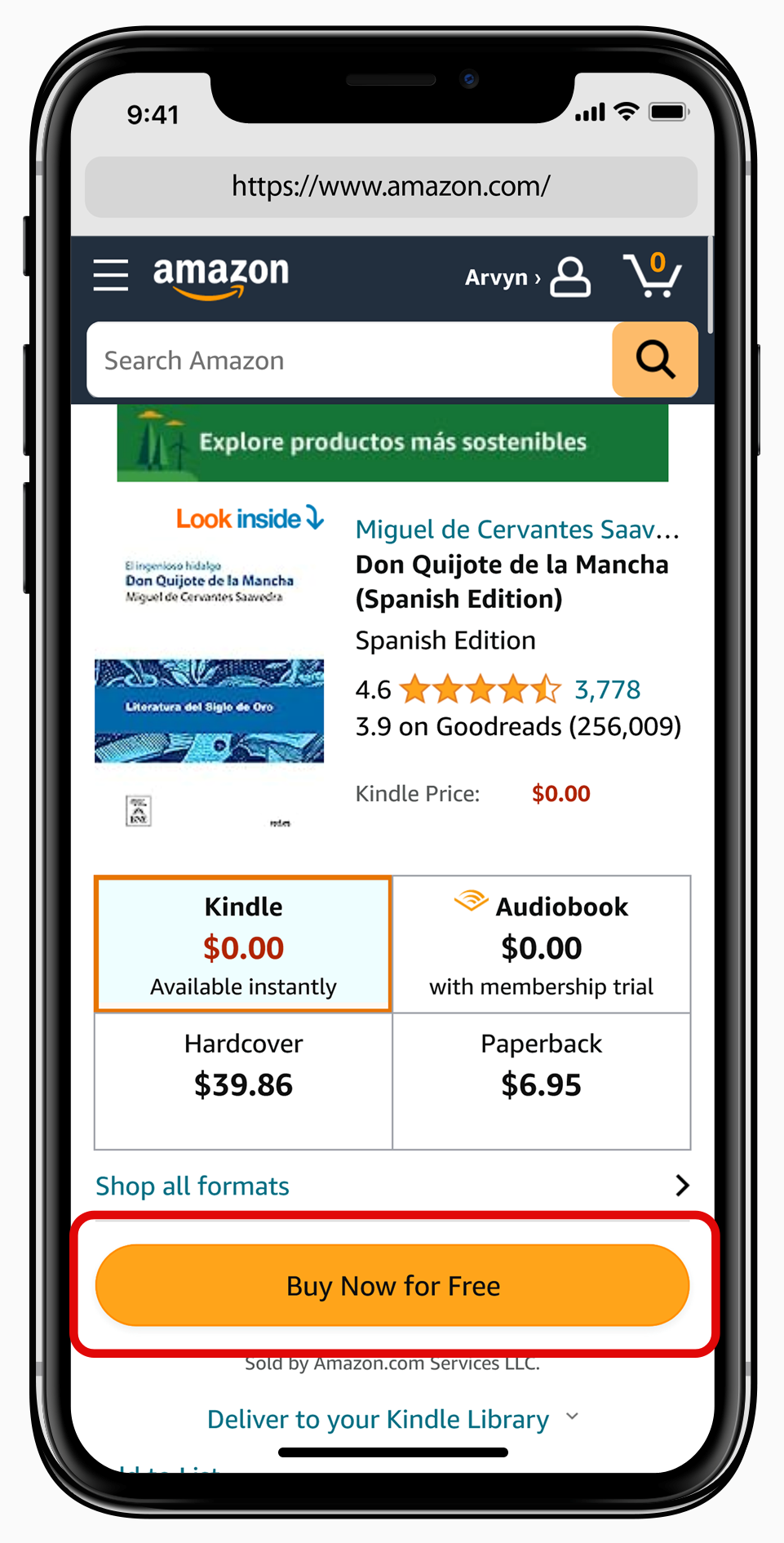 Amazon Kindle Store Product Listing for Don Quijote in Spanish on an iPhone