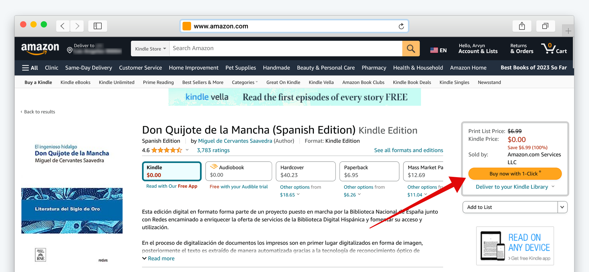 Screenshot of Amazon Kindle Store Product Listing