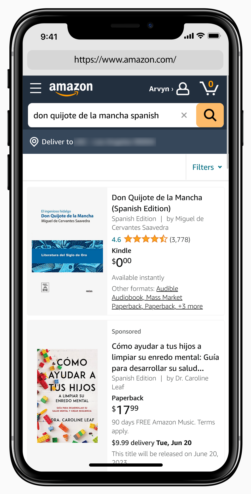 Amazon Kindle Store Search Results for Don Quijote in Spanish on an iPhone