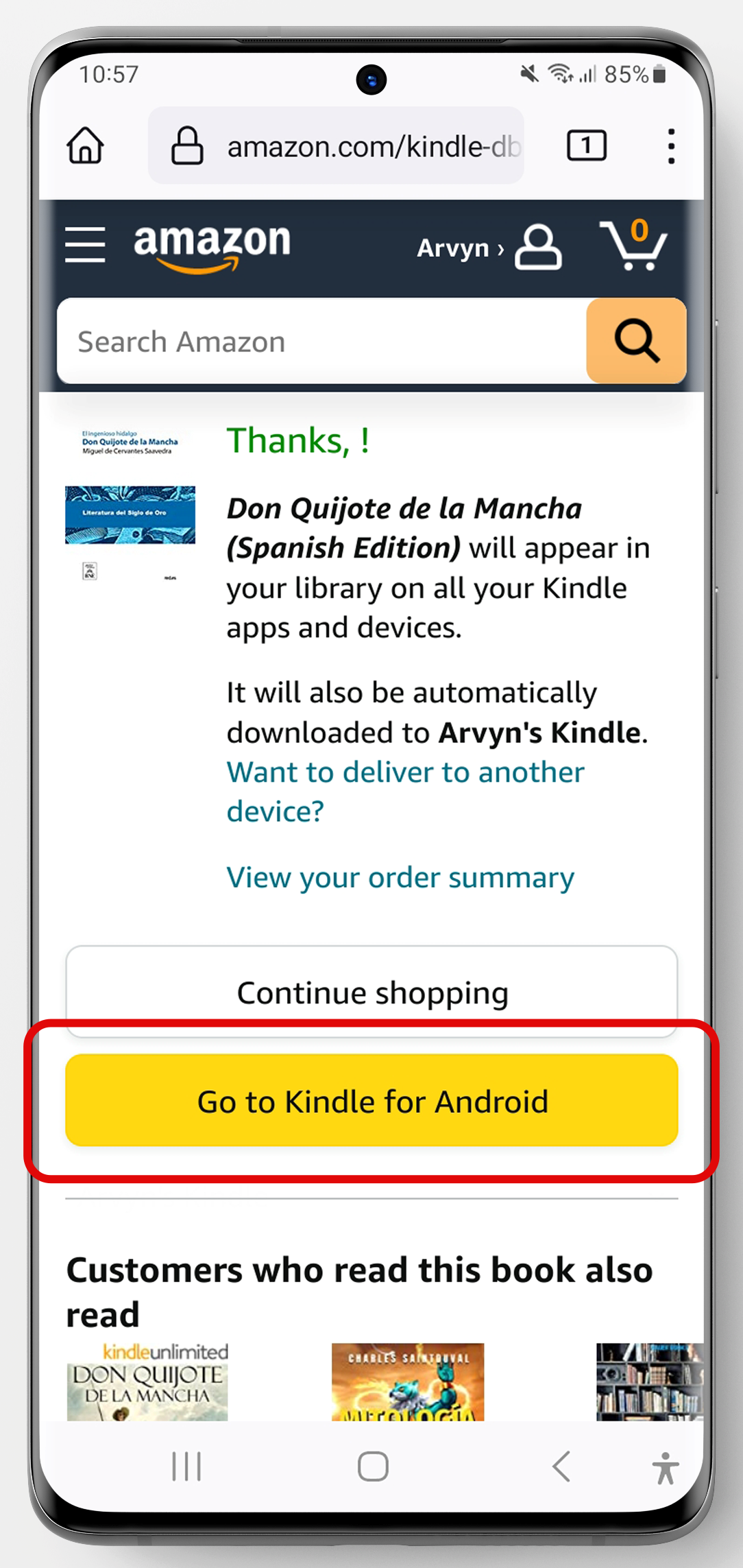 Amazon Kindle Store Success Page on Android