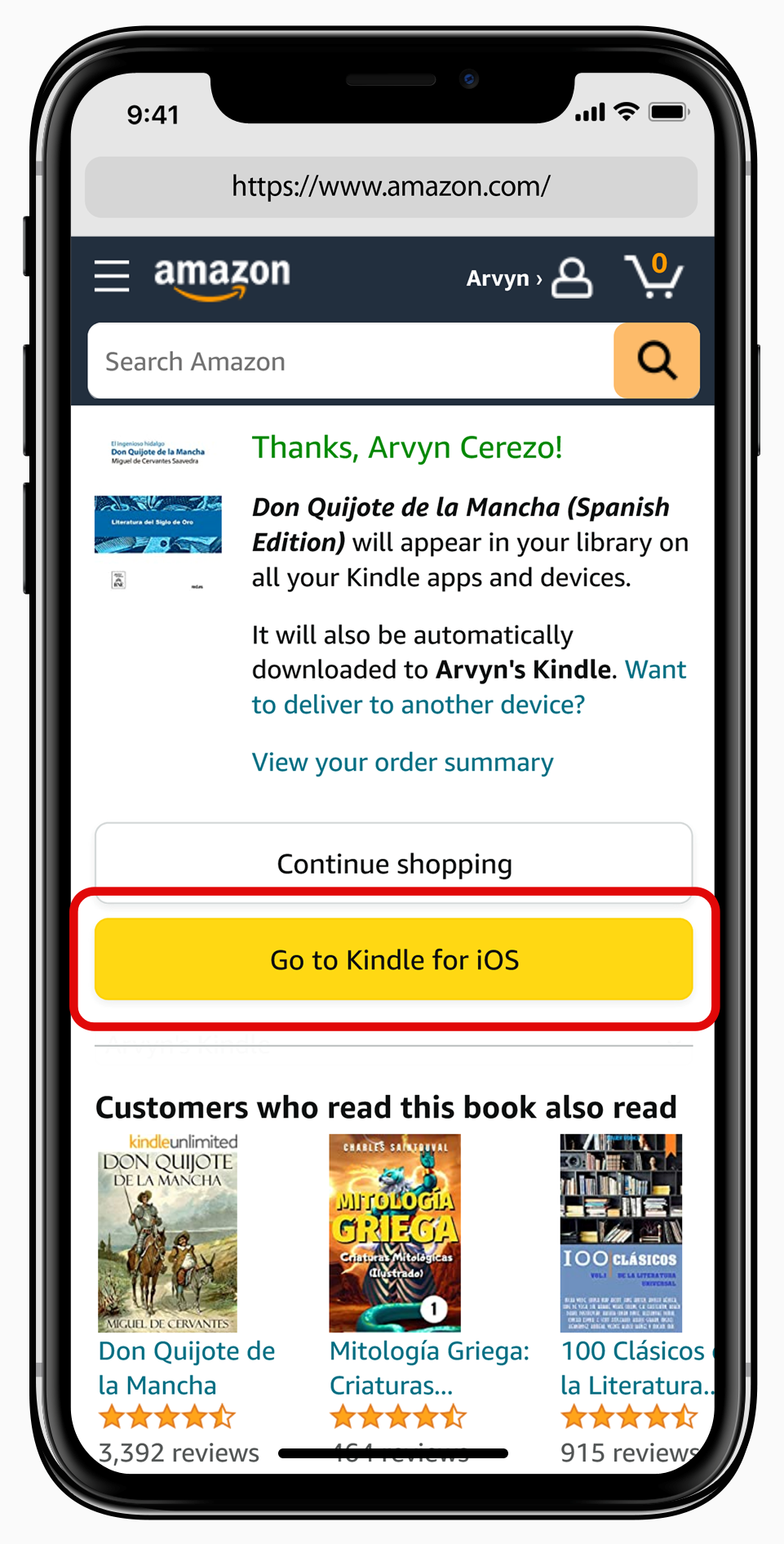 Amazon Kindle Store Success Page on an iPhone