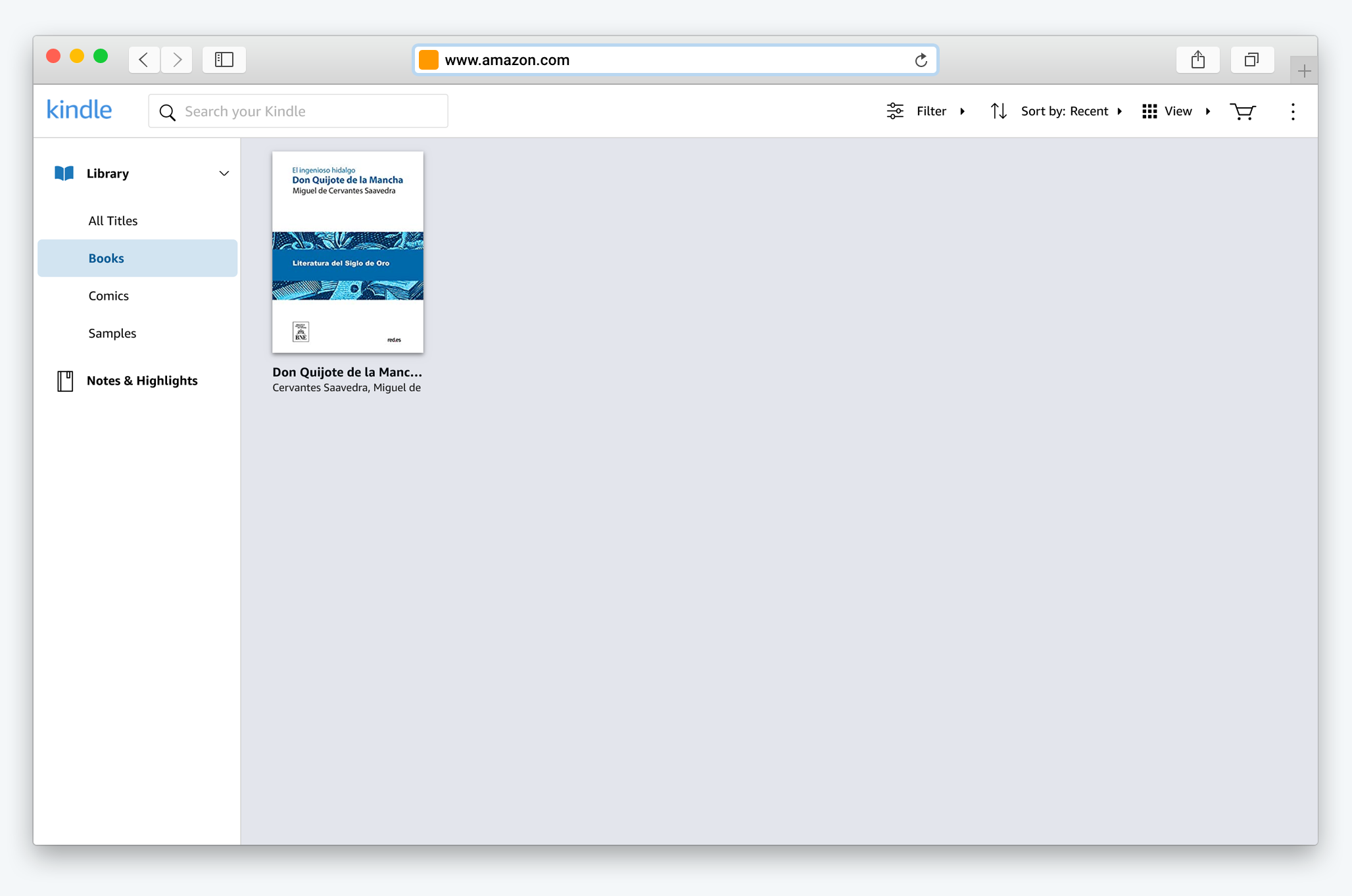 Screenshot of Kindle Cloud Reader on Mac with a Spanish copy of Don Quijote