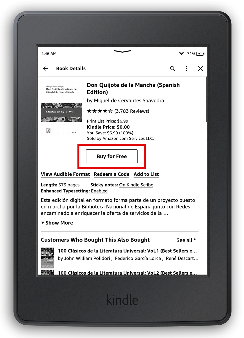 Kindle Paperwhite Product Listing for Spanish copy of Don Quijote