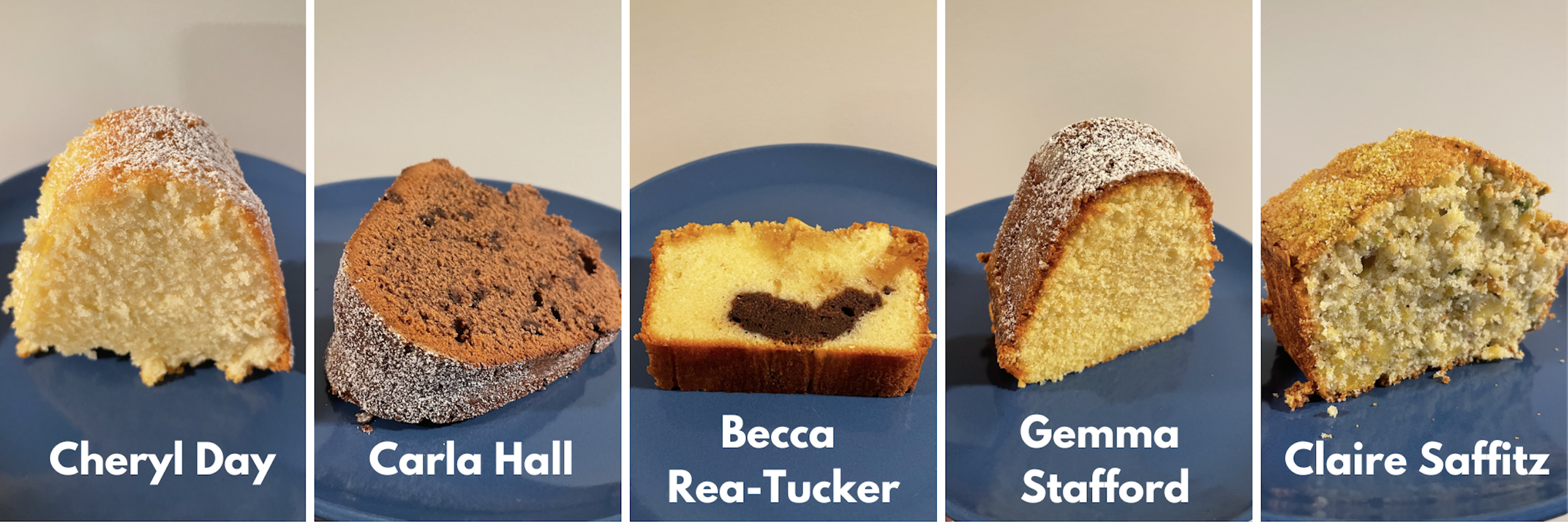 five photos spliced together of slices of poundcake on blue plates: first Cheryl Day's classic Bundt, then Carla Hall's chocolate Bundt, then Becca Rea-Tucker's loaf with chocolate swirl, then Gemma Stafford's citrus bundt, finally Claire Saffitz's pistachio polenta loaf