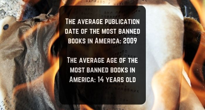 Image of a book on fire with the following text laid on top of it: The average publication date of the most banned books in America: 2009; the average age of the most banned books in America: 14 years old. 