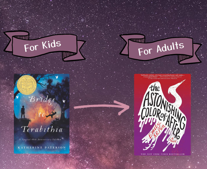 over a background of stars, text reads For Kids / For Adults, with the book cover images for Bridge to Terabithia and The Astonishing Color of After