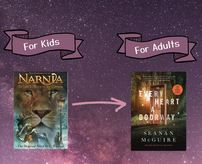 over a background of stars, text reads For Kids / For Adults, with the book cover images for The Chronicles of Narnia and Every Heart a Doorway