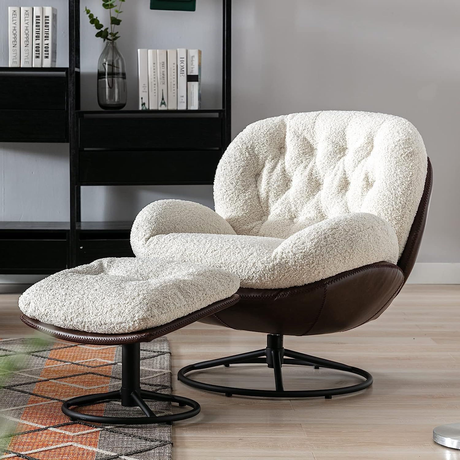 white faux fur lounge swivel chair with matching ottoman