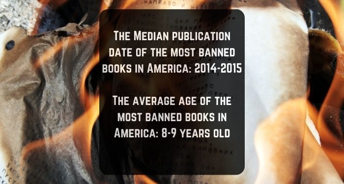 Image of book pages on fire with the following text overlaid: 
The Median publication date of the most banned books in America: 2014-2015

The average age of the most banned books in America: 8-9 years old.