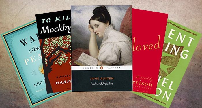five covers of the most famous books of all time in a fanned out arrangement