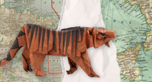 an image of an origami tiger from the cover of The Paper Menagerie between two torn maps