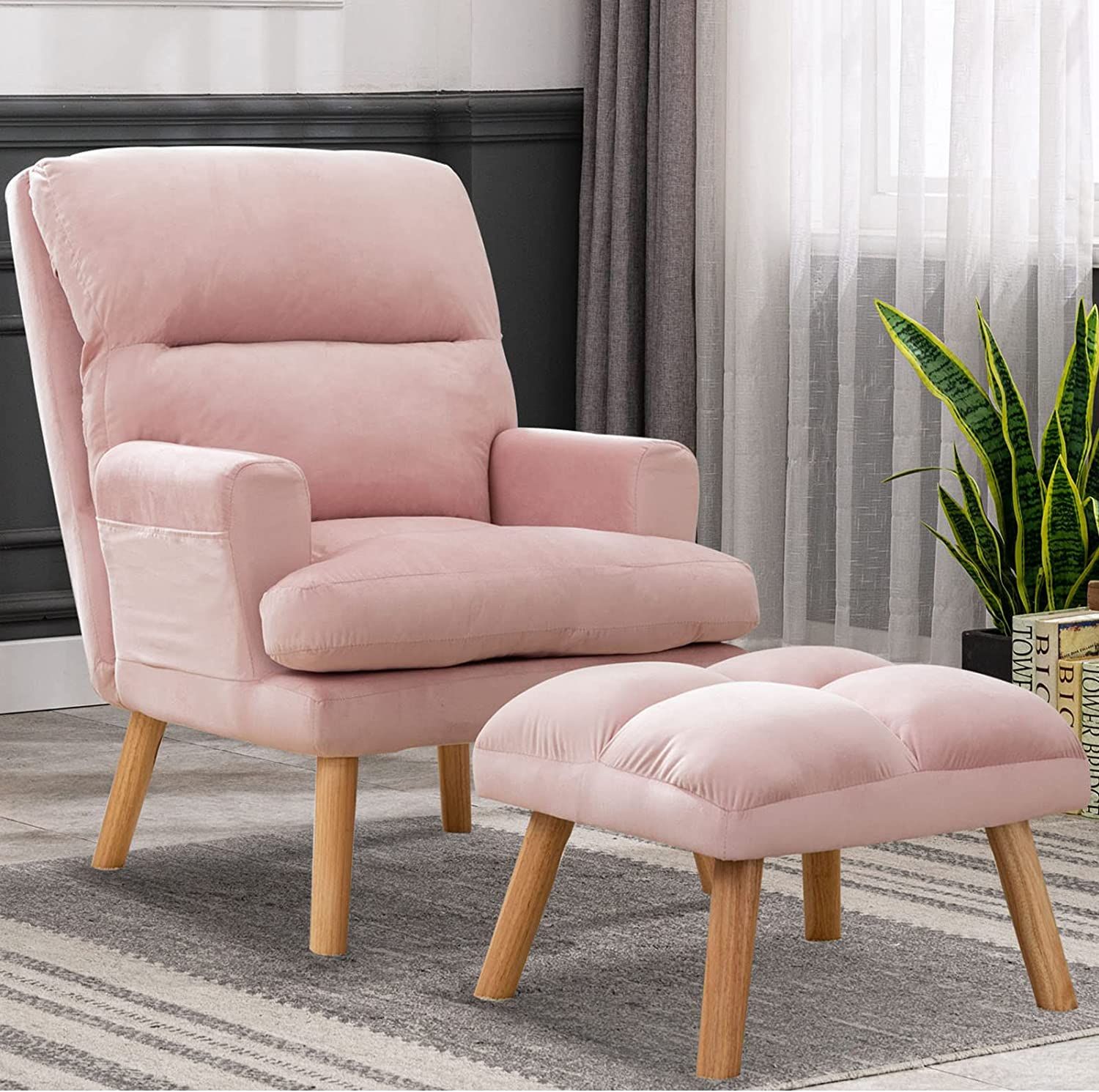 Soft pink armchair with pocket and footrest
