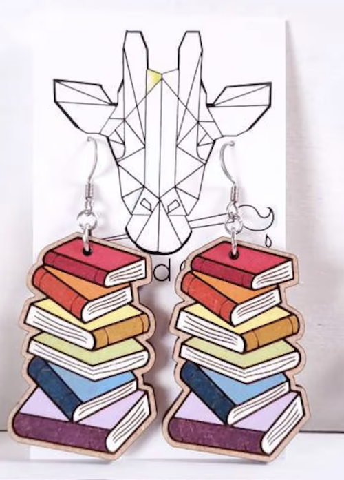 illustrated rainbow book stack earrings