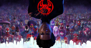 a cropped Across the Spider-verse poster showing Miles Morales upside down and frowning with a legion of spider-verse characters behind him