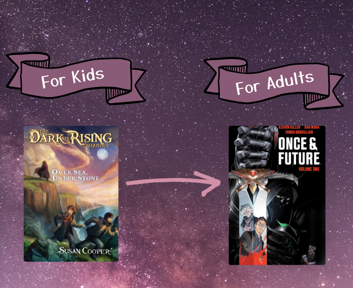 over a background of stars, text reads For Kids / For Adults, with the book cover images for The Dark Is Rising and Once & Future