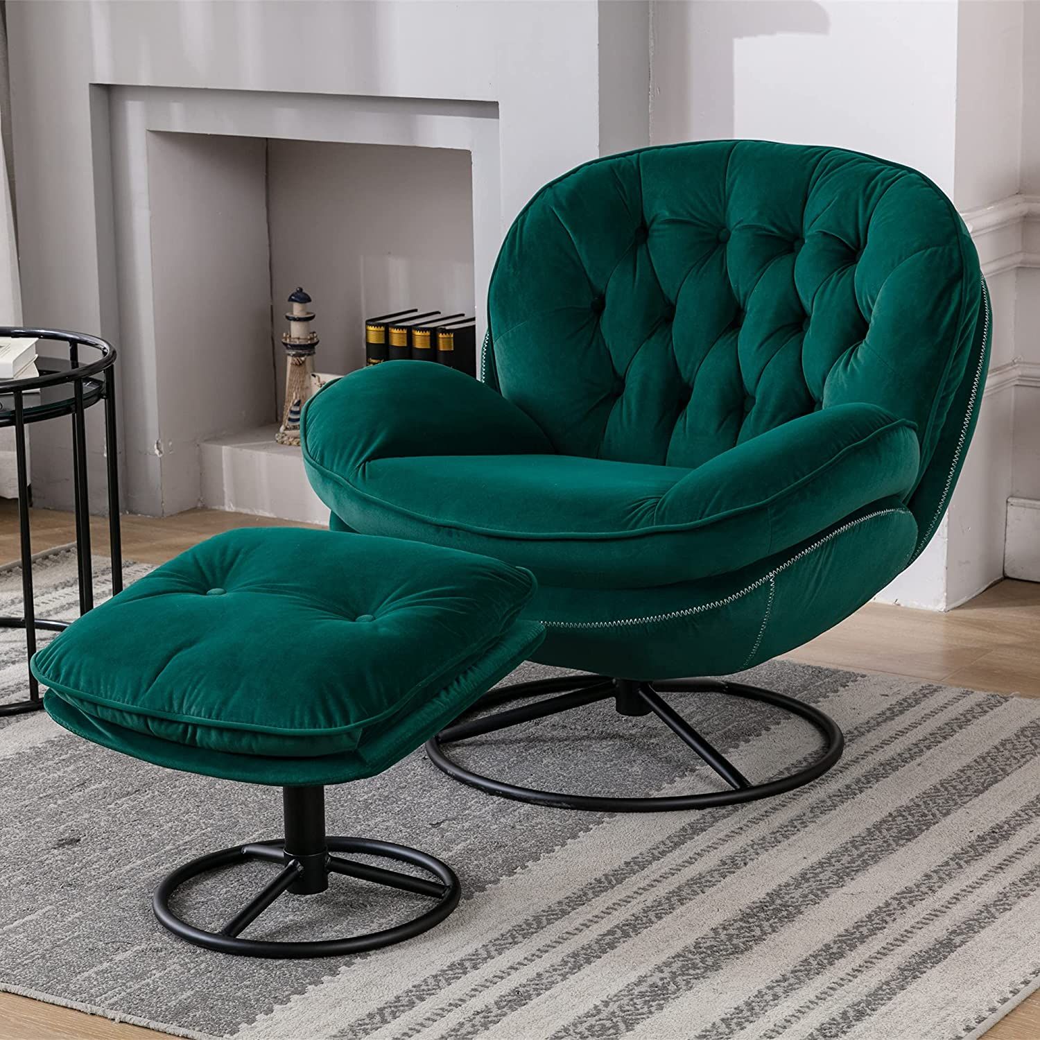 Green velvet swivel chair with matching ottoman