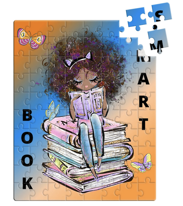 small jigsaw puzzle illustration of Black girl reading on a stack of books