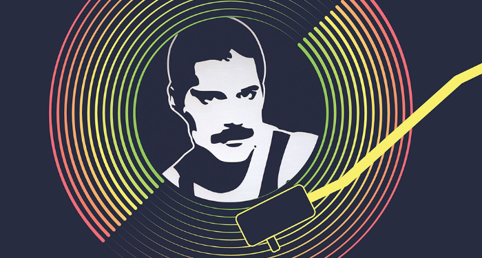 a cropped cover of Queen: Album by Album by Martin Popoff, showing an illustration of Freddie Mercury on a record
