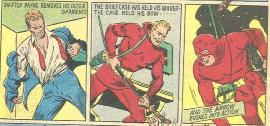 Ralph Payne tears off his suit and puts on the red costume of the Arrow.