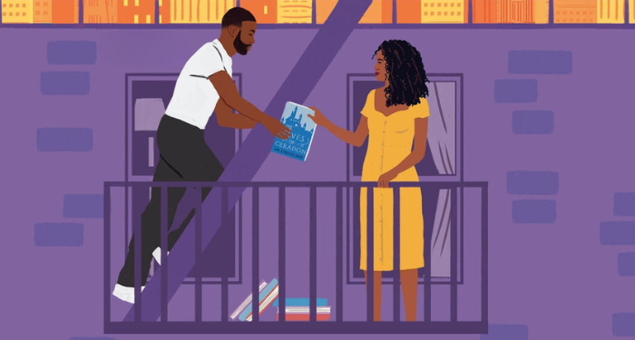 a cropped cover of The Neighbor Favor, showing an illustration of a Black man and woman on a balcony. He's handing her a book.