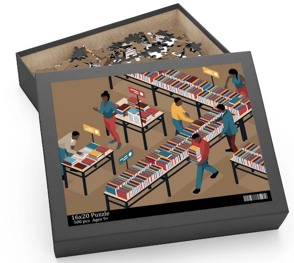 jigsaw puzzle illustration of a bookstore with Black people shopping at tables filled with books