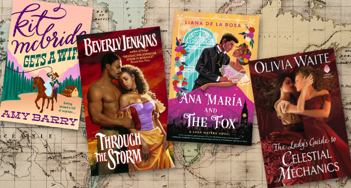 a collage of four of the historical romance covers listed