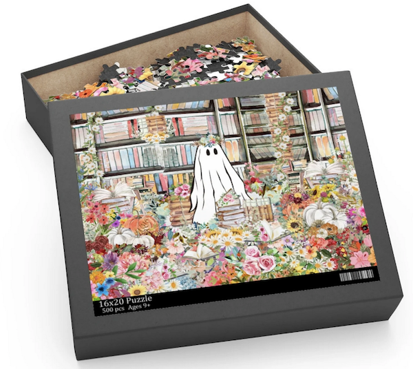 jigsaw puzzle illustration of library with books, flowers, and a ghost