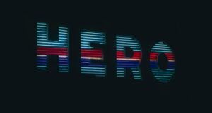 neon lights in green, red, and blue stripes that spell the word "hero"