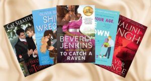 fanned out covers of five covers of books in romance series