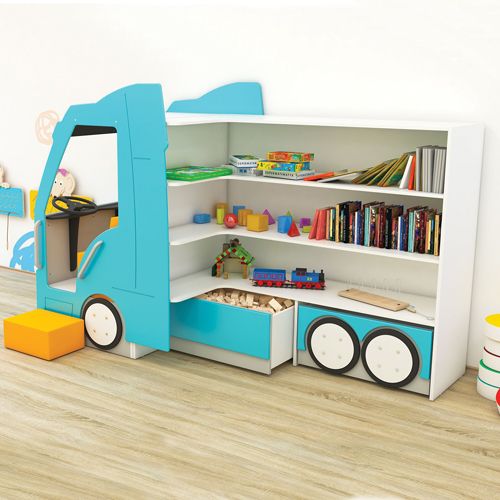 A small bookshelf shaped like a semitruck and is full of books and toys for small children