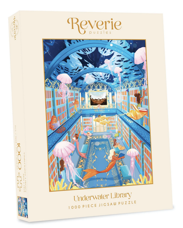 jigsaw puzzle illustration of mermaids in an underwater bookstore
