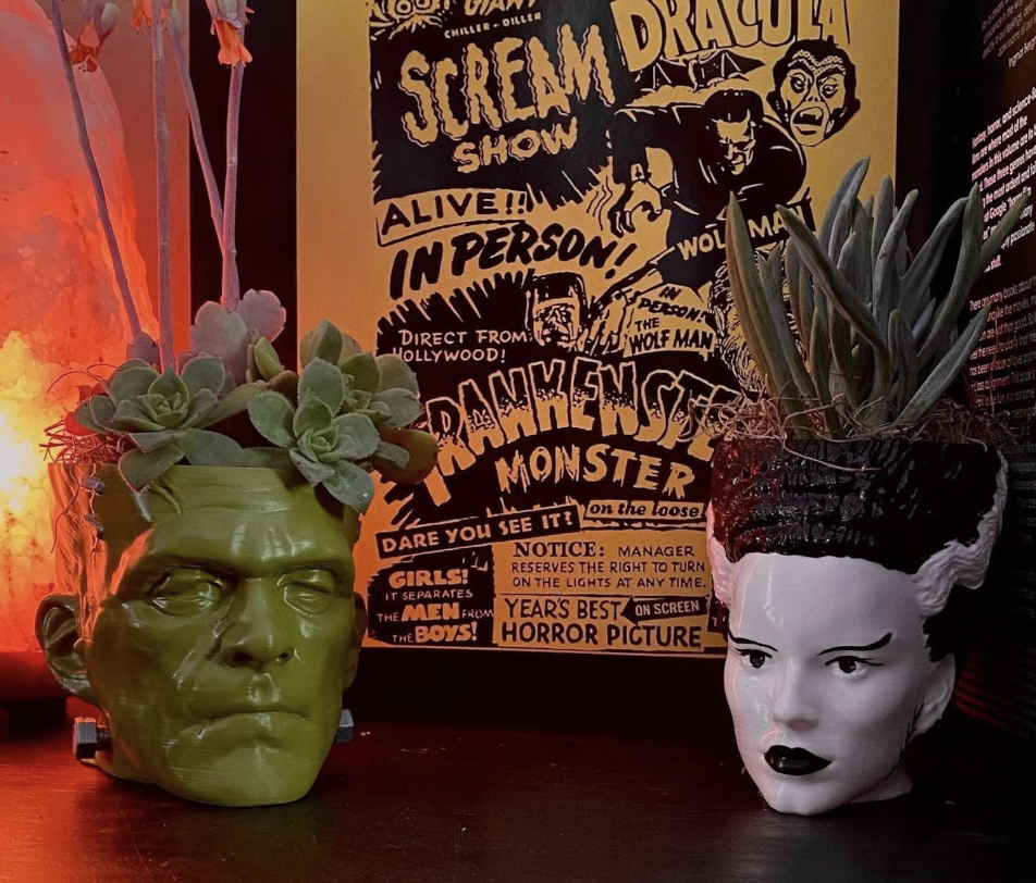 A green planter shaped like Frankenstein's monster's head and a white and black planter shaped like the Bride of Frankenstein, both with succulents growing out of the top