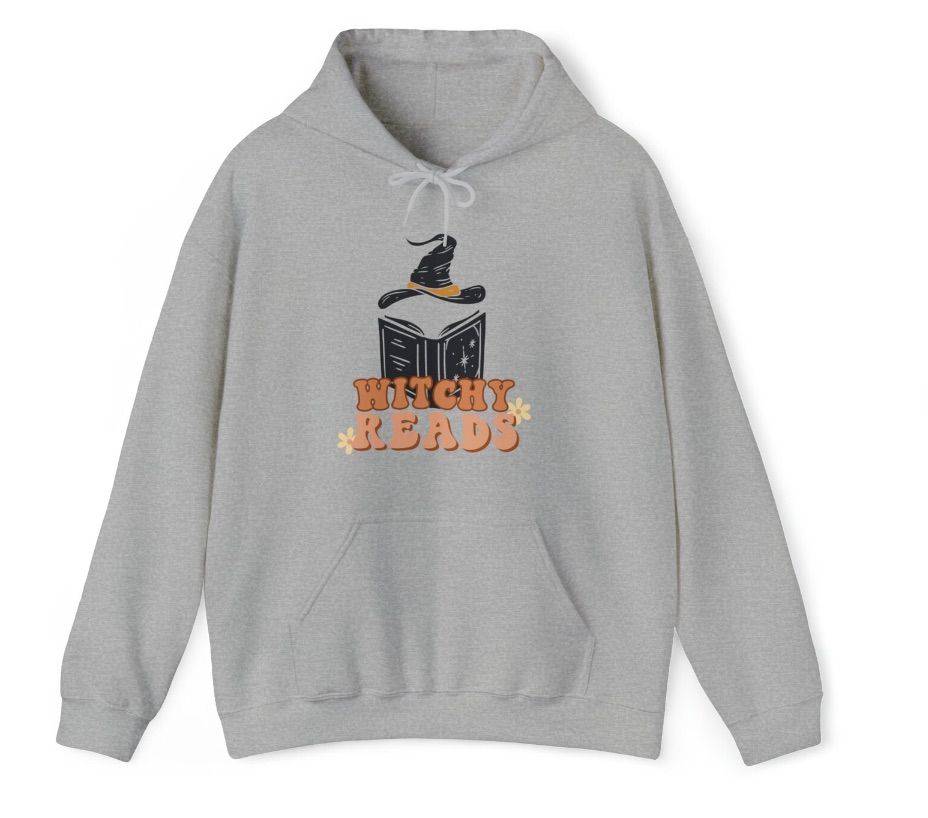 Image of a gray sweatshirt that says "witchy reads."